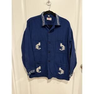 Vintage Mayatex Western Cowboy Embroidered 100% Cotton Blue Shirt Unique!
